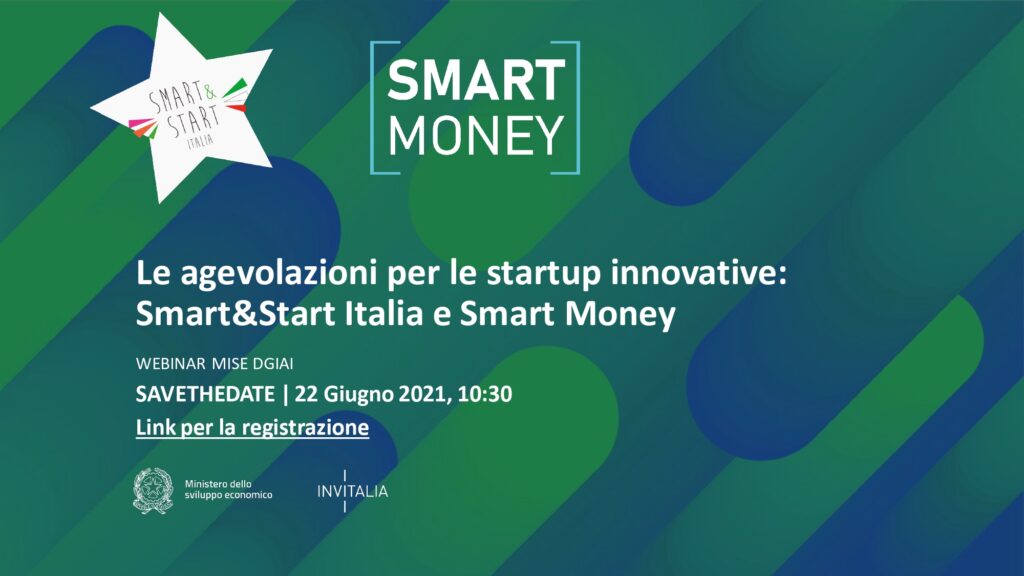 Locandina webinar "agevolazioni startup: smart&start e Smart money"